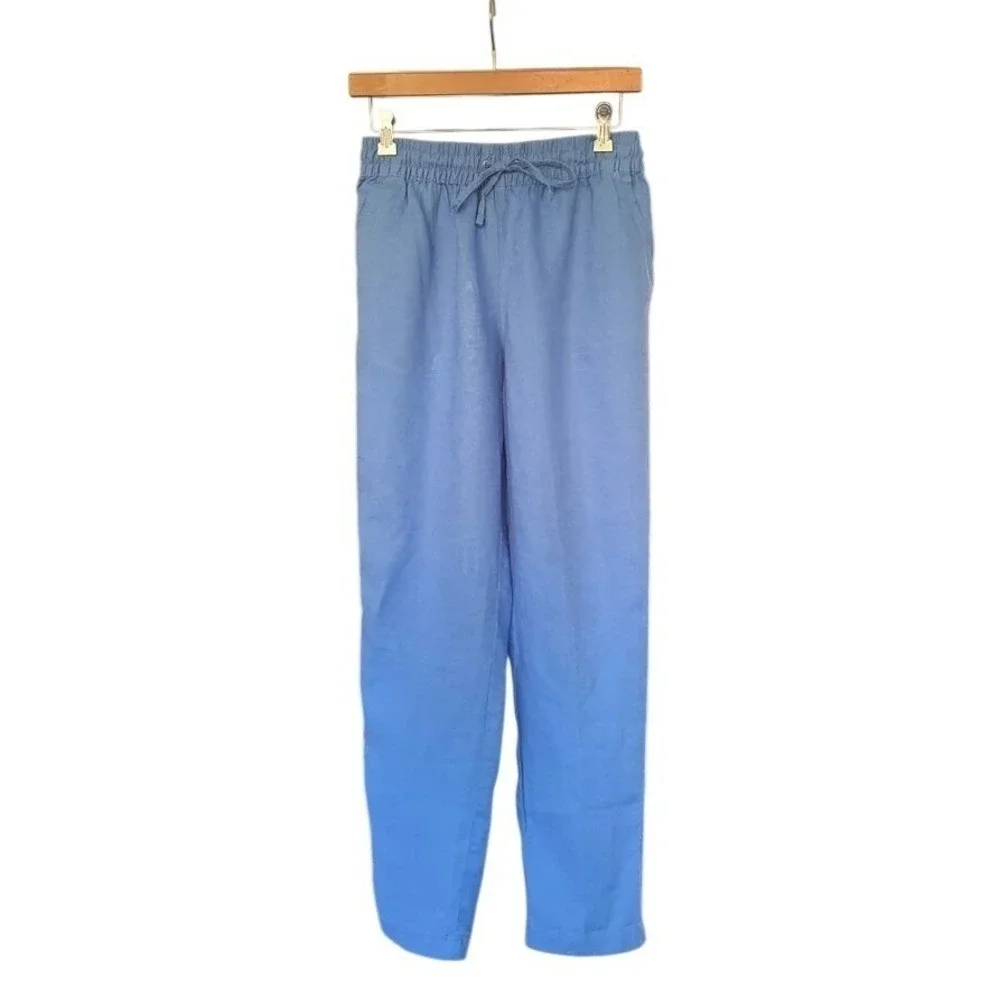 H&M Womens Blue Linen Blend Drawstring Elastic Waist Straight Leg Pants Size S